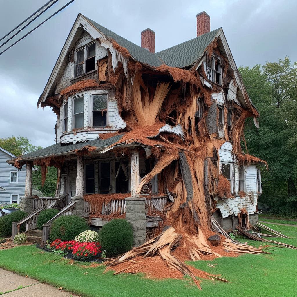 Damaged tree on an Downers Grove home showing signs of disease and decay